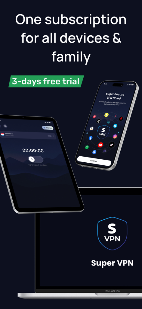 SuperVPN - Cool VPN Proxy - SuperVPN app interface displayed across iPhone iPad and MacBook Pro highlighting one subscription for all devices and a three day free trial
