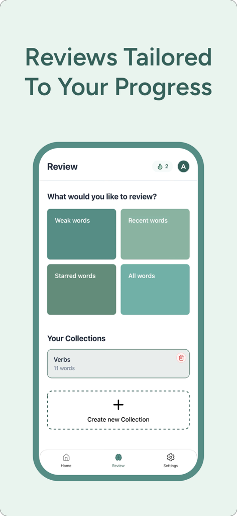 Takallam AI - Arabic language review screen in the Takallam AI app showing categories like weak words and personal word collections