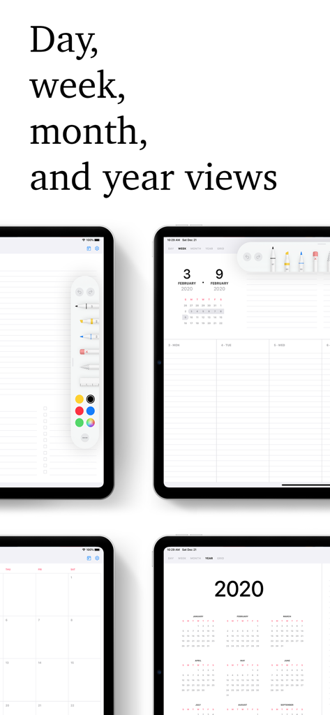 Pencil Planner App zeigt Tages-, Wochen-, Monats- und Jahreskalender-Layouts auf einem iPad an