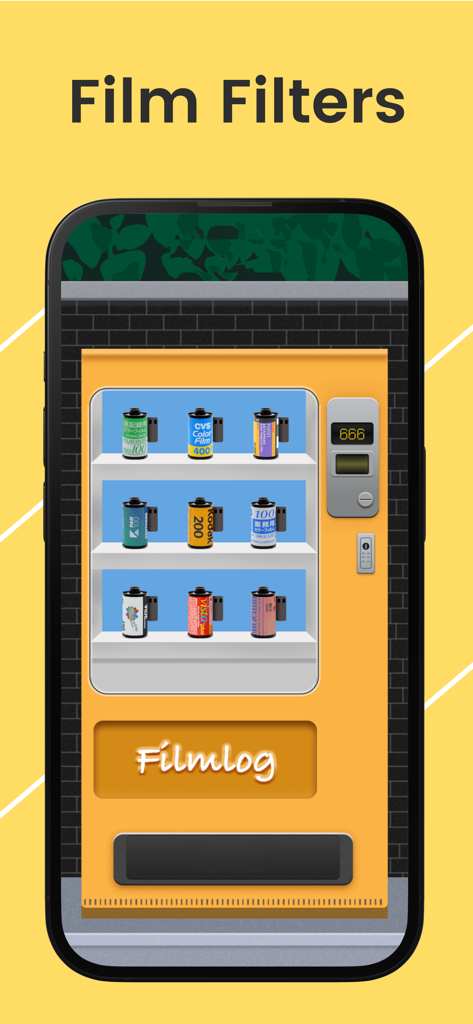 ZAPAN - Vintage Dazz Camera - A vintage yellow vending machine interface displaying various analog film roll filters in the ZAPAN app.