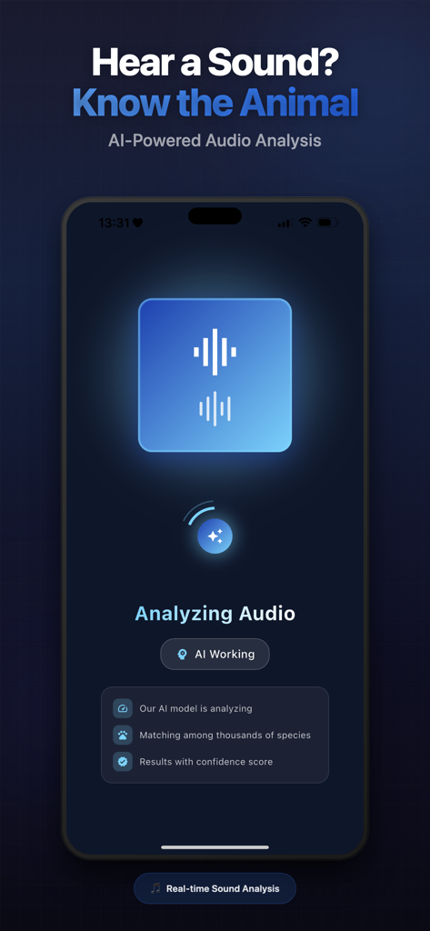 Animal Sound Identifier AI - Uma tela de smartphone mostrando o recurso de análise de áudio IA do aplicativo Identificador de Sons de Animais.