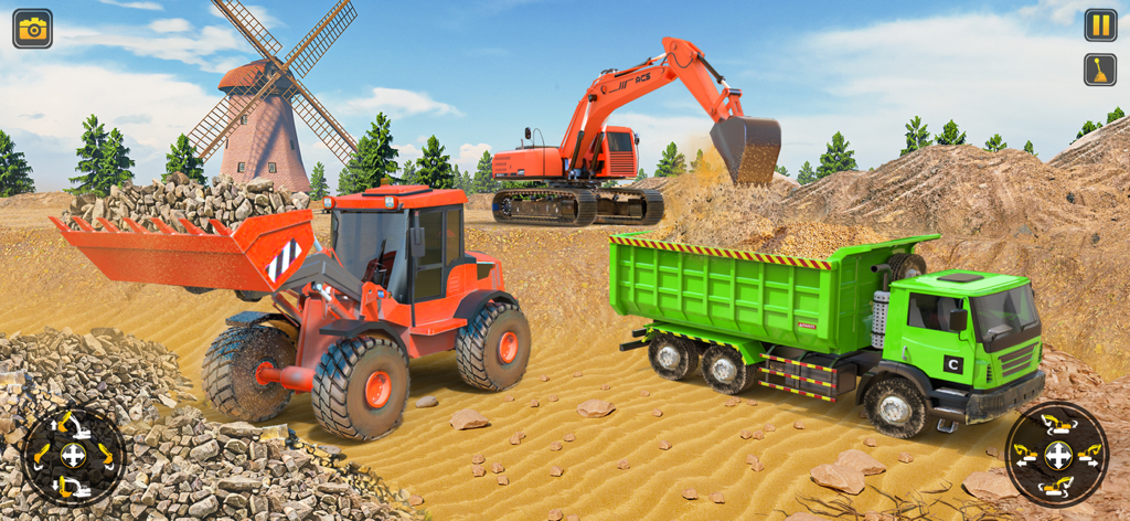 Maquinaria pesada, incluyendo una excavadora y una cargadora, trabajando en un sitio de construcción con un molino de viento de fondo