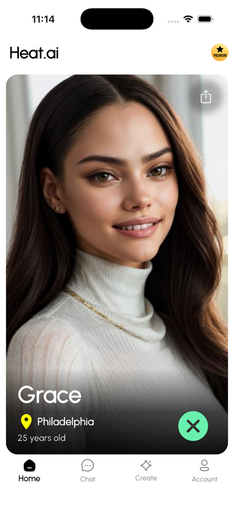 Heat. Ai Girlfriend Dating App - Heat AI dating app home screen showing a virtual companion profile named Grace.