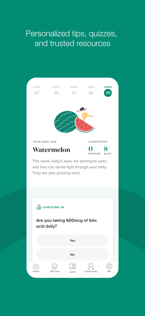 Maven Clinic - Maven Clinic App-Oberfläche, die den Schwangerschaftsfortschritt in Woche 39 mit einem Babygrößenvergleich und einem Gesundheitsquiz verfolgt.
