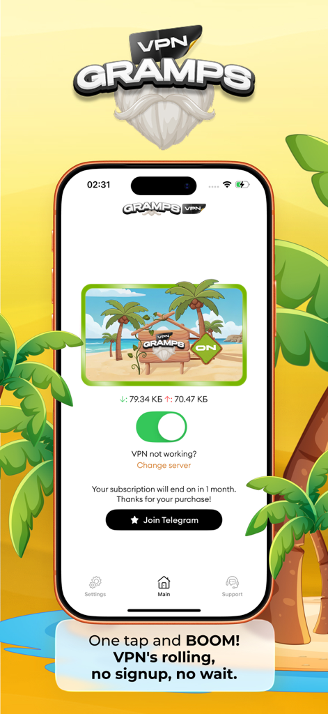 Gramps VPN: Unlimited Proxy - Interfaz de la aplicación Gramps VPN en un iPhone mostrando un fondo de playa tropical y un interruptor de conexión verde