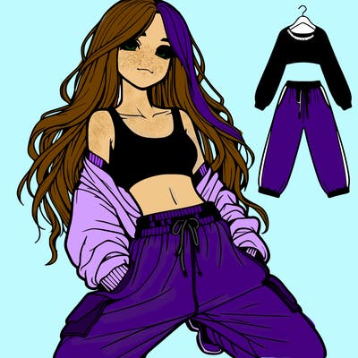 realistic girl with long hair baggy crop top and baggy sweatpants