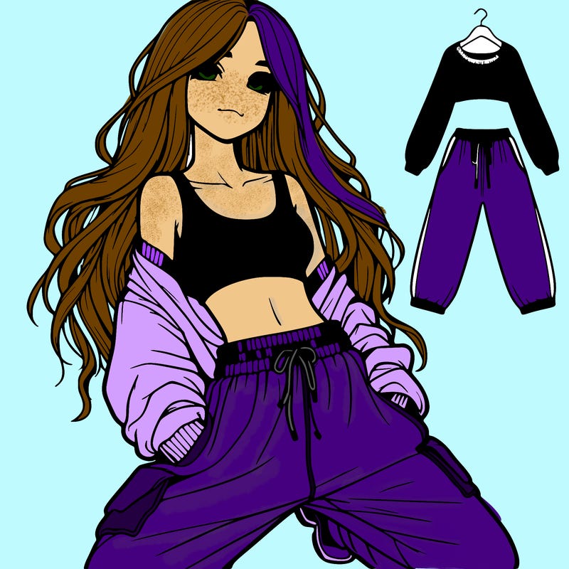 realistic girl with long hair baggy crop top and baggy sweatpants