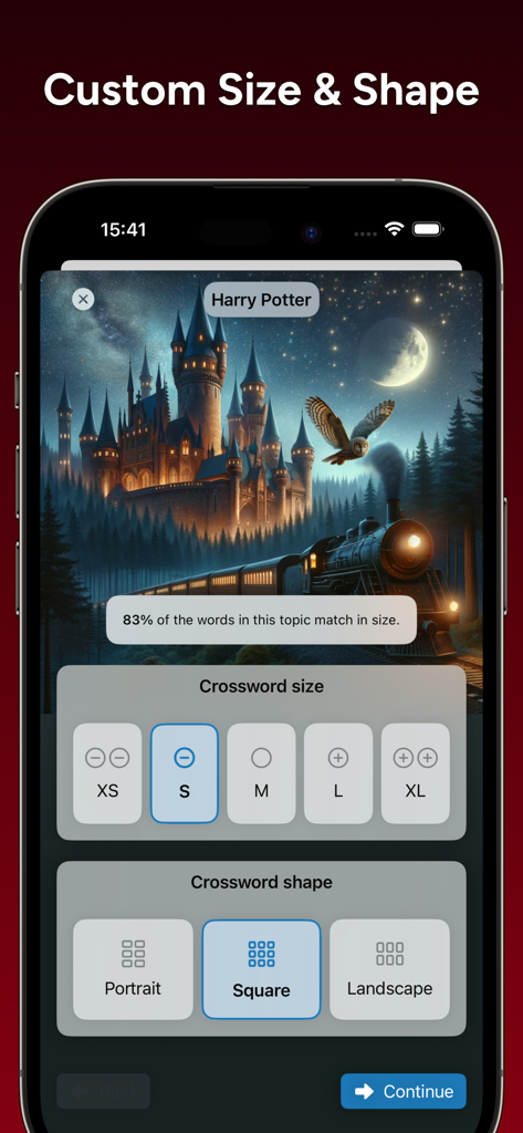 CrossCraft: Crossword Tests - Seleccionando el tamaño y la forma del crucigrama en la aplicación CrossCraft