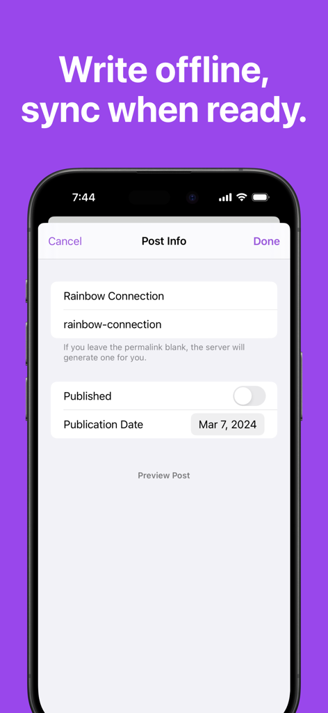 Gibberish Writer - Screenshot of the Post Info screen in the Gibberish Writer app showing title, permalink, and publication date settings.