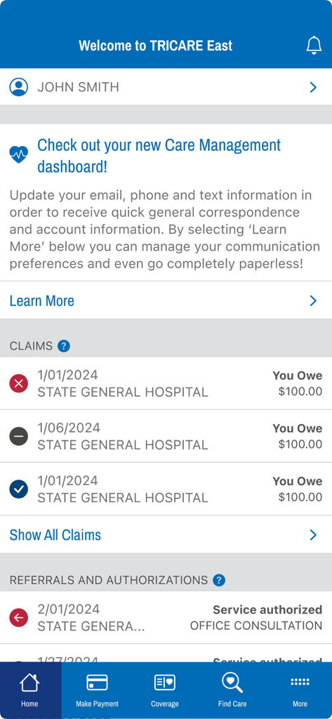 TRICARE East mobile app dashboard showing medical claims and referral status
