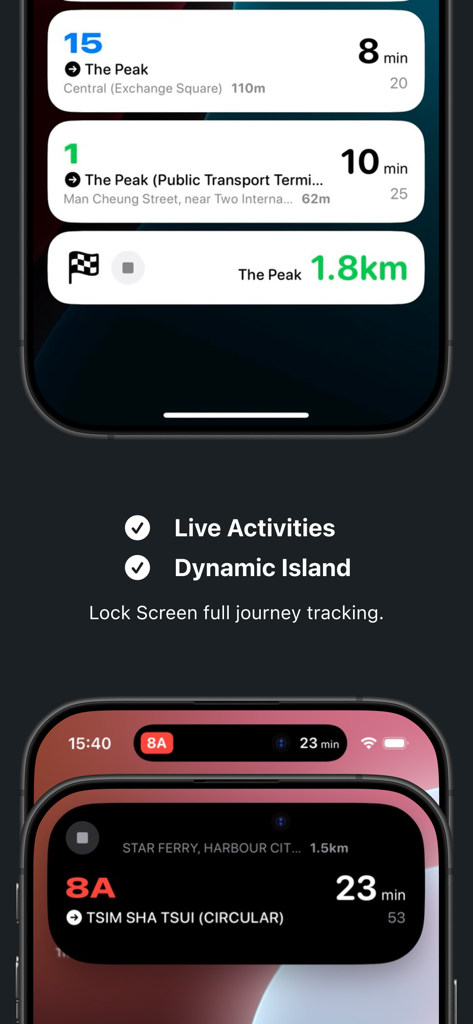 Arrivo degli autobus in tempo reale e monitoraggio del viaggio sulla schermata di blocco dell'iPhone e sull'Isola Dinamica