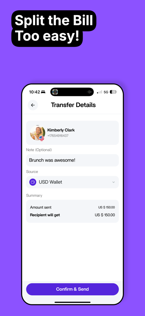 SpotPay: Mobile Wallet - Interfaz de la aplicación SpotPay que muestra una transferencia de 150 dólares a un amigo para el brunch.