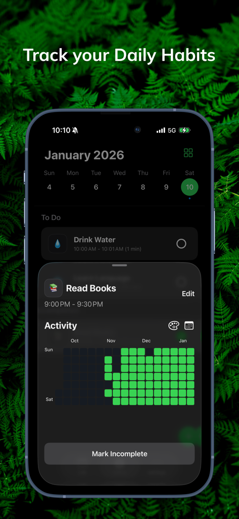 Daily - Life Calendar - The Daily app interface showing habit tracking for reading books with a green contribution graph and minimalist dark mode design.