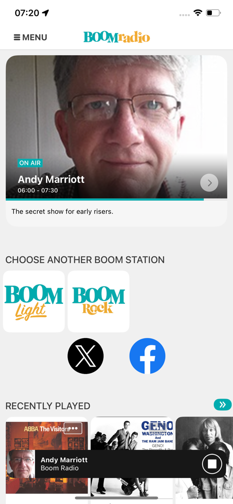 Boom Radio UK - Boom Radio UK mobile app interface showing the live DJ Andy Marriott and alternative station options