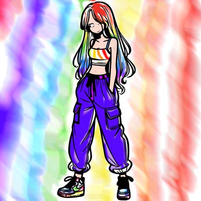 girl in baggy pants crop top and long hair