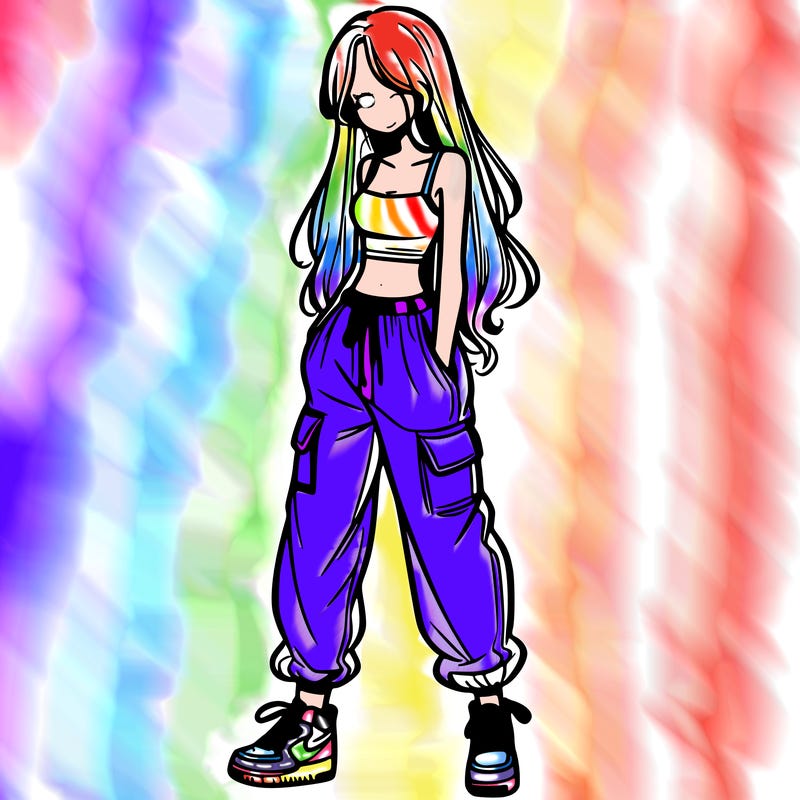 girl in baggy pants crop top and long hair