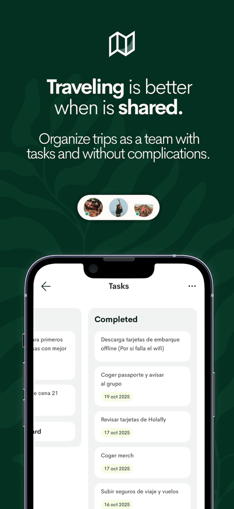 Interface do aplicativo de viagens Passporter mostrando uma lista de tarefas compartilhada para organização de viagens em grupo com itens concluídos como download de cartão de embarque e lembretes de passaporte.