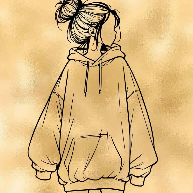 realistic girl with a oversized sweatshirt on and a bun