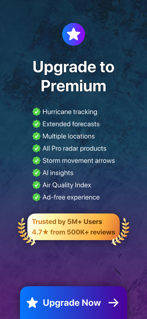 RainViewer upgrade to premium screen listing features like hurricane tracking storm movement arrows and AI insights