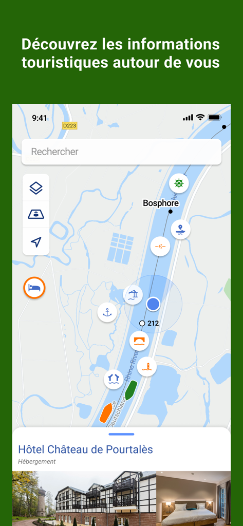 Interface de l'application Navi - VNF montrant une carte avec des points d'intérêt touristiques et une liste d'hôtels le long d'une voie navigable française.