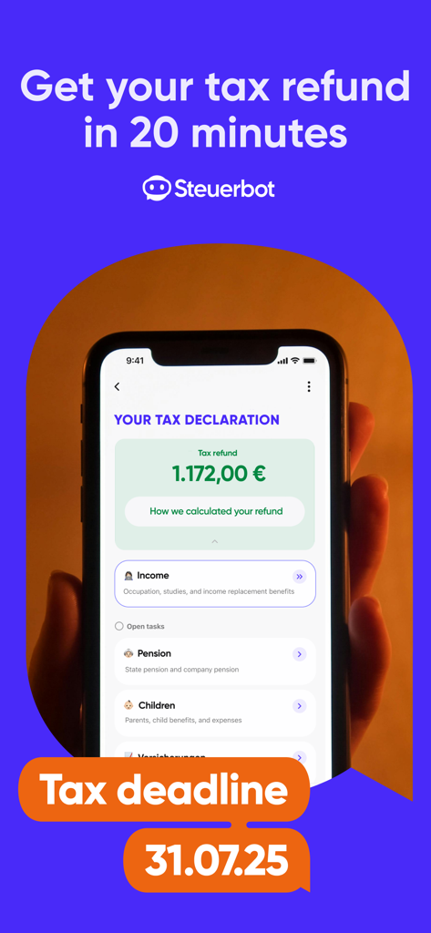 Smartphone displaying the Steuerbot app interface with a calculated tax refund of 1172 Euros and a filing deadline reminder.