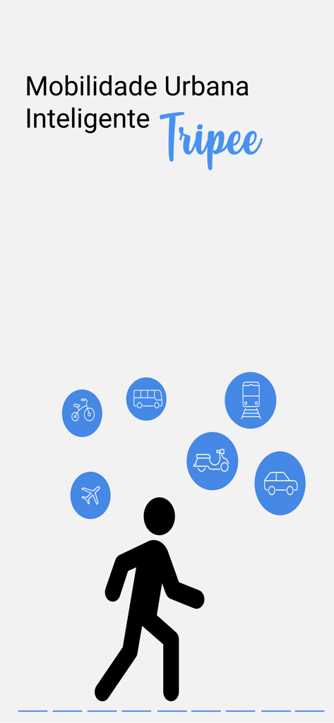Tripee App-Bildschirm, der eine Person zeigt, die von verschiedenen Transport-Icons umgeben ist, darunter Fahrrad, Bus, Bahn, Flugzeug, Roller und Auto