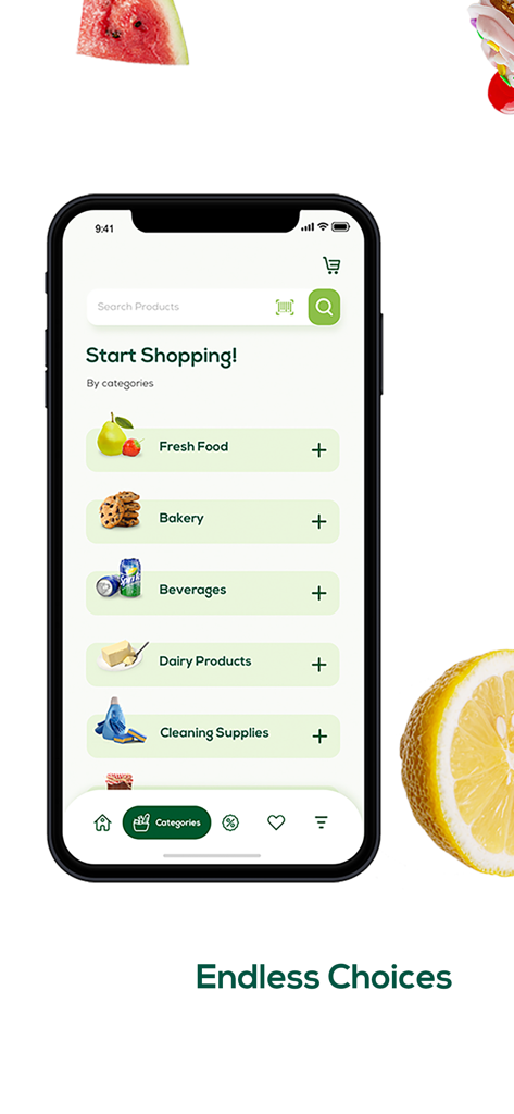 Interface de l'application Seoudi Supermarket affichant les catégories d'épicerie pour les achats en ligne, y compris les produits frais et la boulangerie