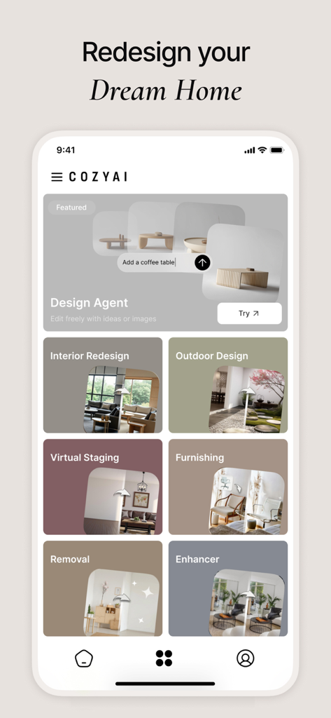 CozyAI - AI Home Design - CozyAI mobile app dashboard showing interior redesign and virtual staging features.