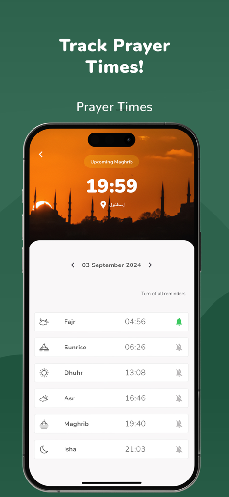 Alim: Islamic Guide, Azan, Dua - The Alim app interface displaying accurate daily prayer times including Fajr, Dhuhr, and Maghrib for a specific location.