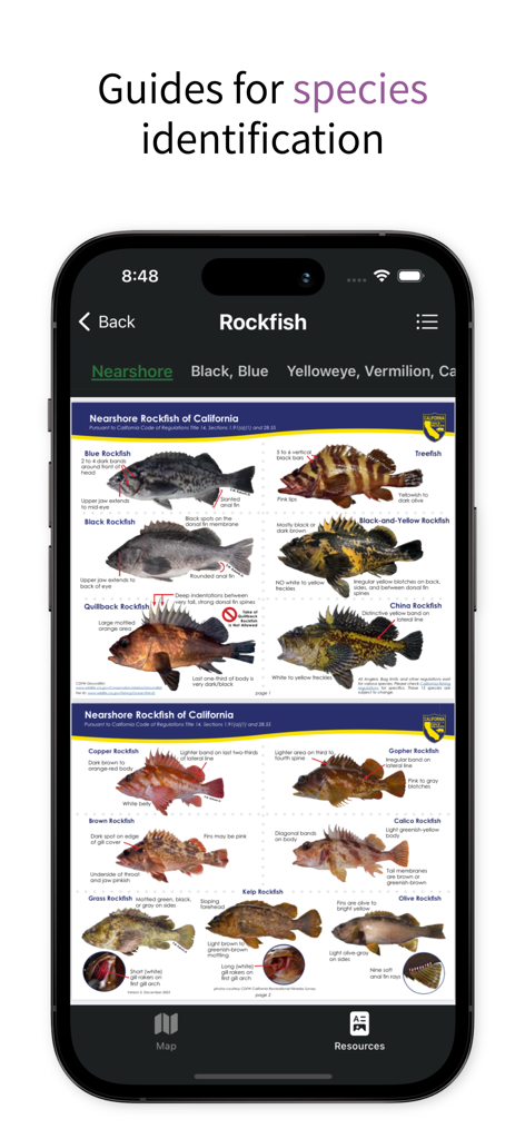 CA FishMap - A mobile app screen displaying a detailed species identification guide for various types of California rockfish with images and descriptive text.