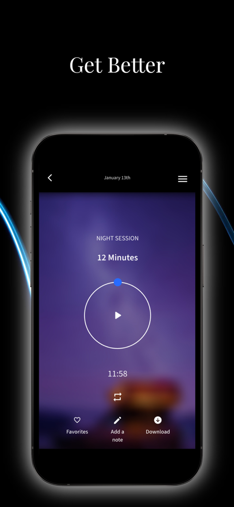 Evolutioner app night session interface showing a 12 minute audio playback screen