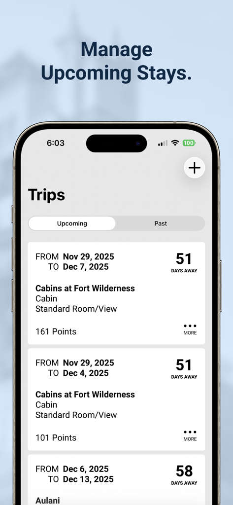 DVC Toolkit app interface showing upcoming Disney Vacation Club trip reservations and point costs