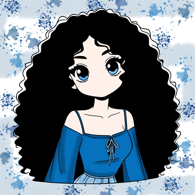 a black anime girl with long afro hair