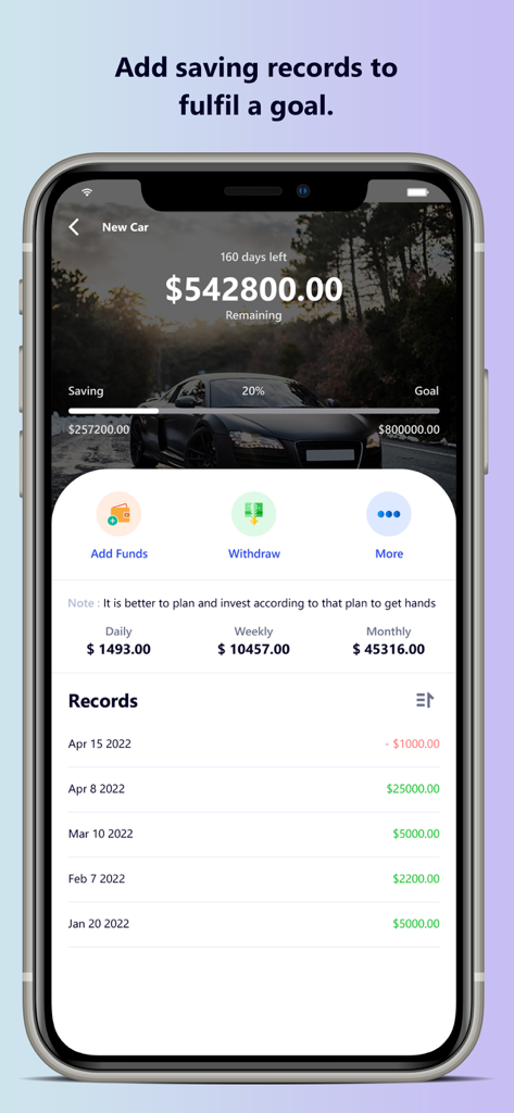 Savings Goal: Piggy Bank - iPhone screen displaying savings progress for a new car with a transaction history list