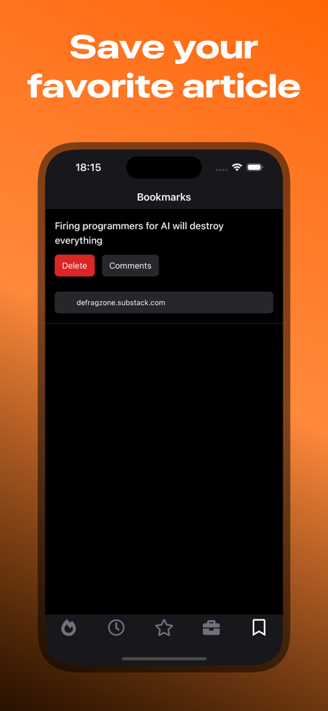 Hacker News Reader App - Hacker News Reader App screen for saving and managing bookmarked articles
