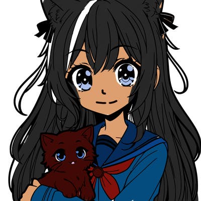 manga girl with cat ears and holding a cat