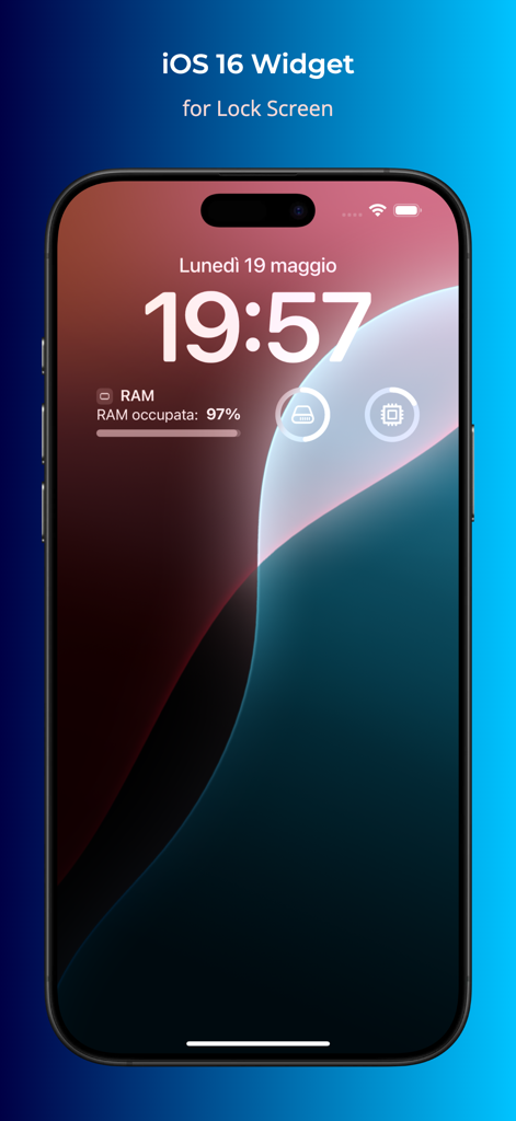iPhone lock screen displaying Device Monitor² RAM storage and CPU status widgets