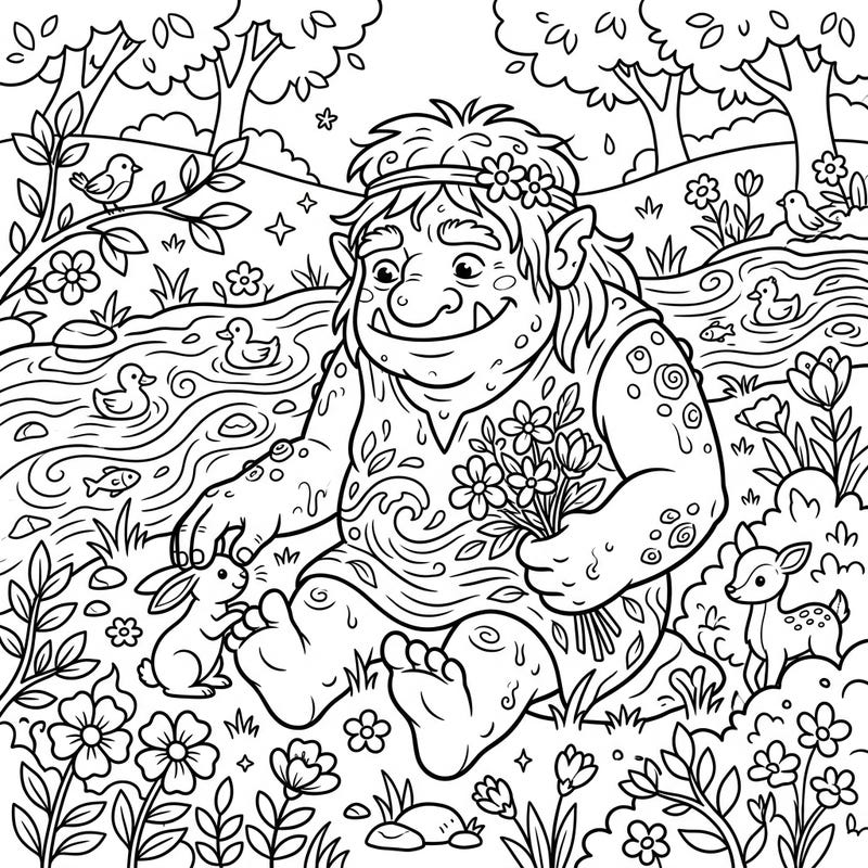 Dive into a magical spring world with our charming river troll coloring page, surrounded by blooming flowers and adorable baby animals. This delightful scene is perfect for kids to enjoy a creative and calming coloring session.