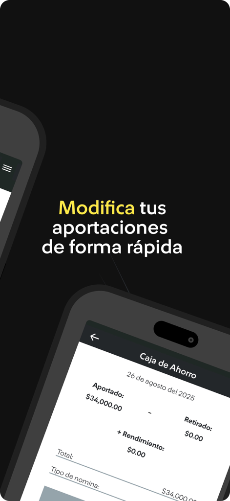 Mis Beneficios. - Interfaz móvil de la app Mis Beneficios que muestra el saldo de la cuenta de ahorros y las contribuciones