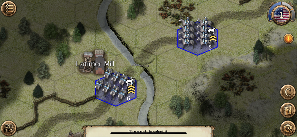 Civil War: Atlanta 1864 - A hex based tactical map in Civil War Atlanta 1864 showing Union cavalry units positioned near Latimer Mill