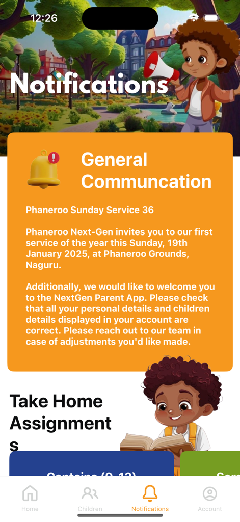 A screenshot of the notifications tab in the NextGen Parent app displaying a general church communication message about a Sunday service and take home assignments.