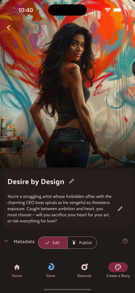 Euphoria: AI Choices - Story creation screen in the Euphoria AI app showing a romance plot titled Desire by Design with an AI generated artist character