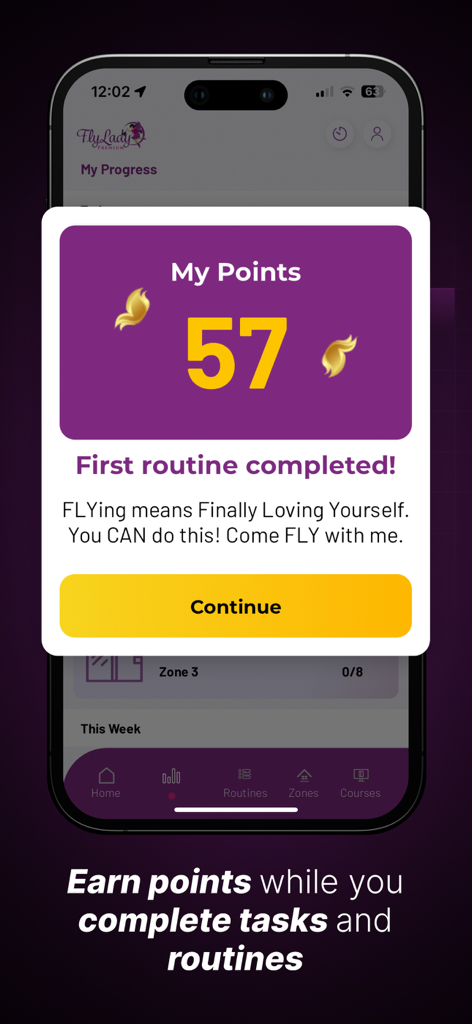 FlyLady: Routines & Cleaning - Achievement screen in the FlyLady app showing points earned for completing the first routine