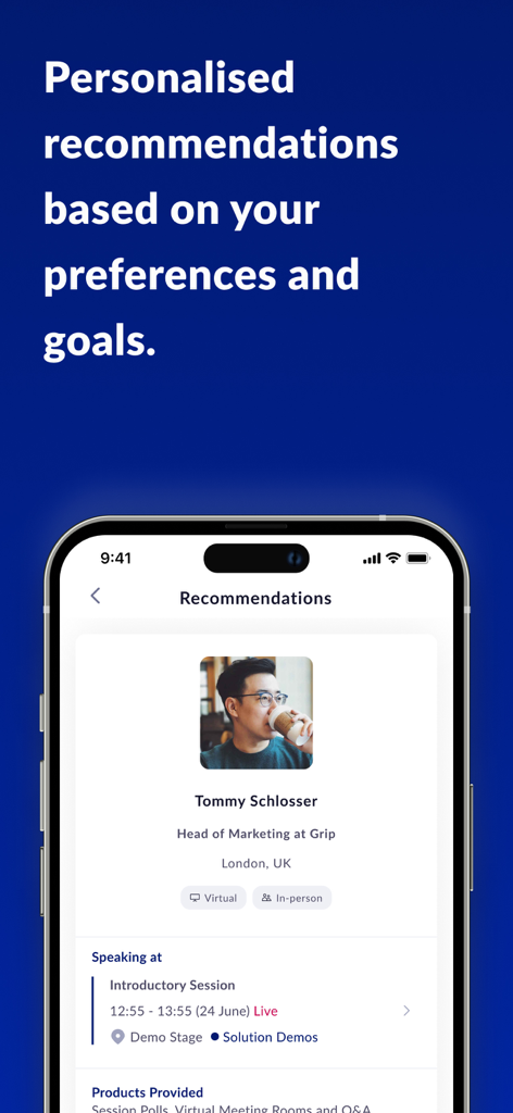 World Defense Show - プロフェッショナルネットワーキングのためのパーソナライズされたAIマッチメイキングの推奨事項を表示するWorld Defense Showアプリのスクリーンショット。