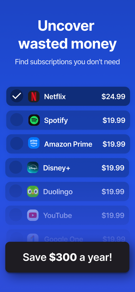 Subscription Manager: ReSubs - ReSubs app interface showing a list of monthly subscriptions like Netflix and Spotify to help uncover wasted money