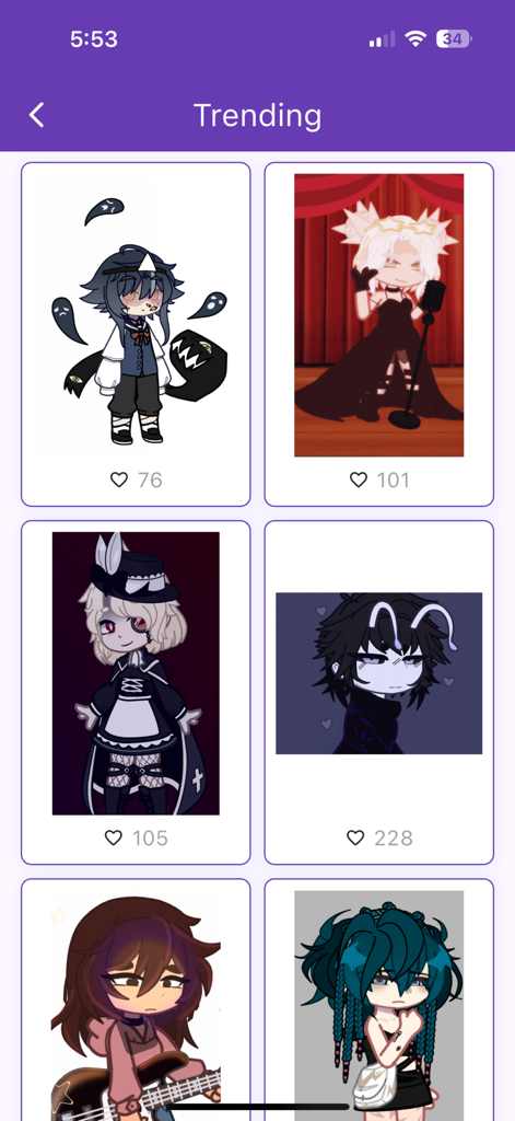 Outfits for Gacha OCs - Grid showing trending Gacha character designs and outfit ideas with social like counts