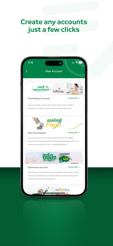 Amret - Un écran mobile de l'application Amret montrant les options pour créer de nouveaux comptes tels que Dépôt à terme et Dépôt à terme flexible