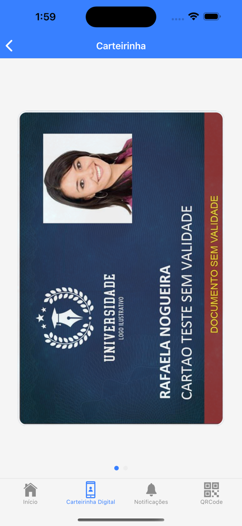 Carteirinha - Digital student ID card displaying a student photo and university information on a smartphone screen