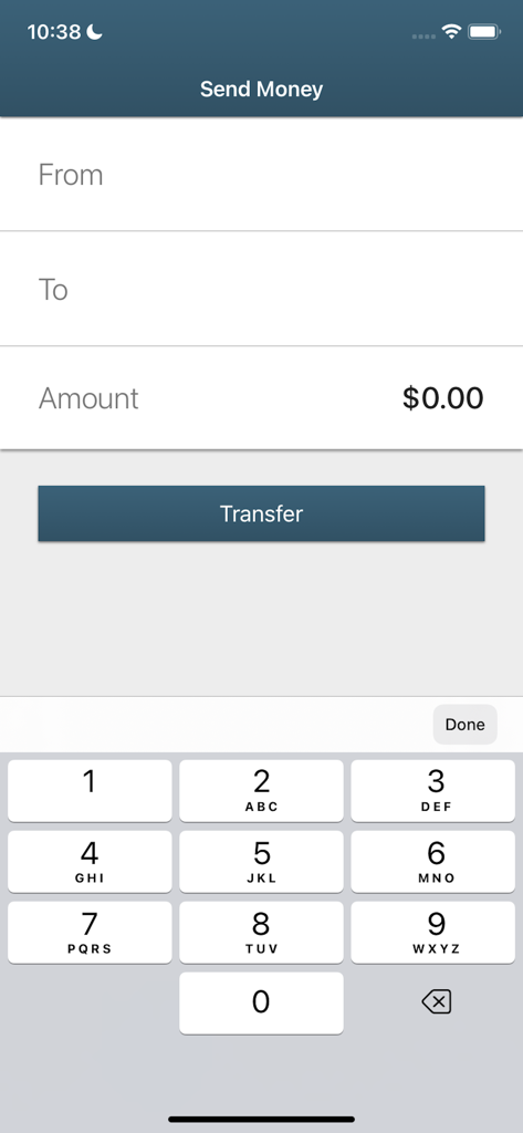 Fidelity Bank - Interface de transferência de dinheiro no aplicativo de banco móvel do Fidelity Bank LA.