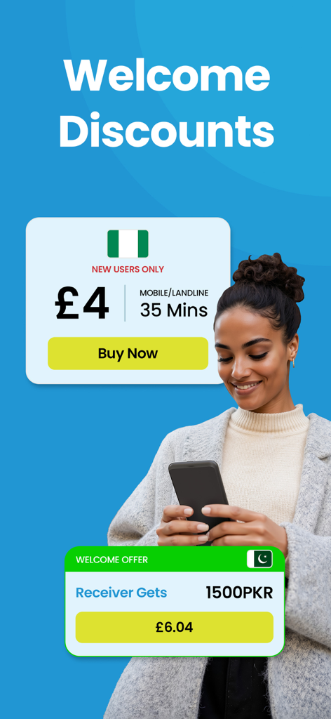 Talk Home: Cheap Calls - Una mujer usando la aplicación Talk Home mostrando descuentos de bienvenida para llamadas internacionales a Nigeria y recargas móviles a Pakistán